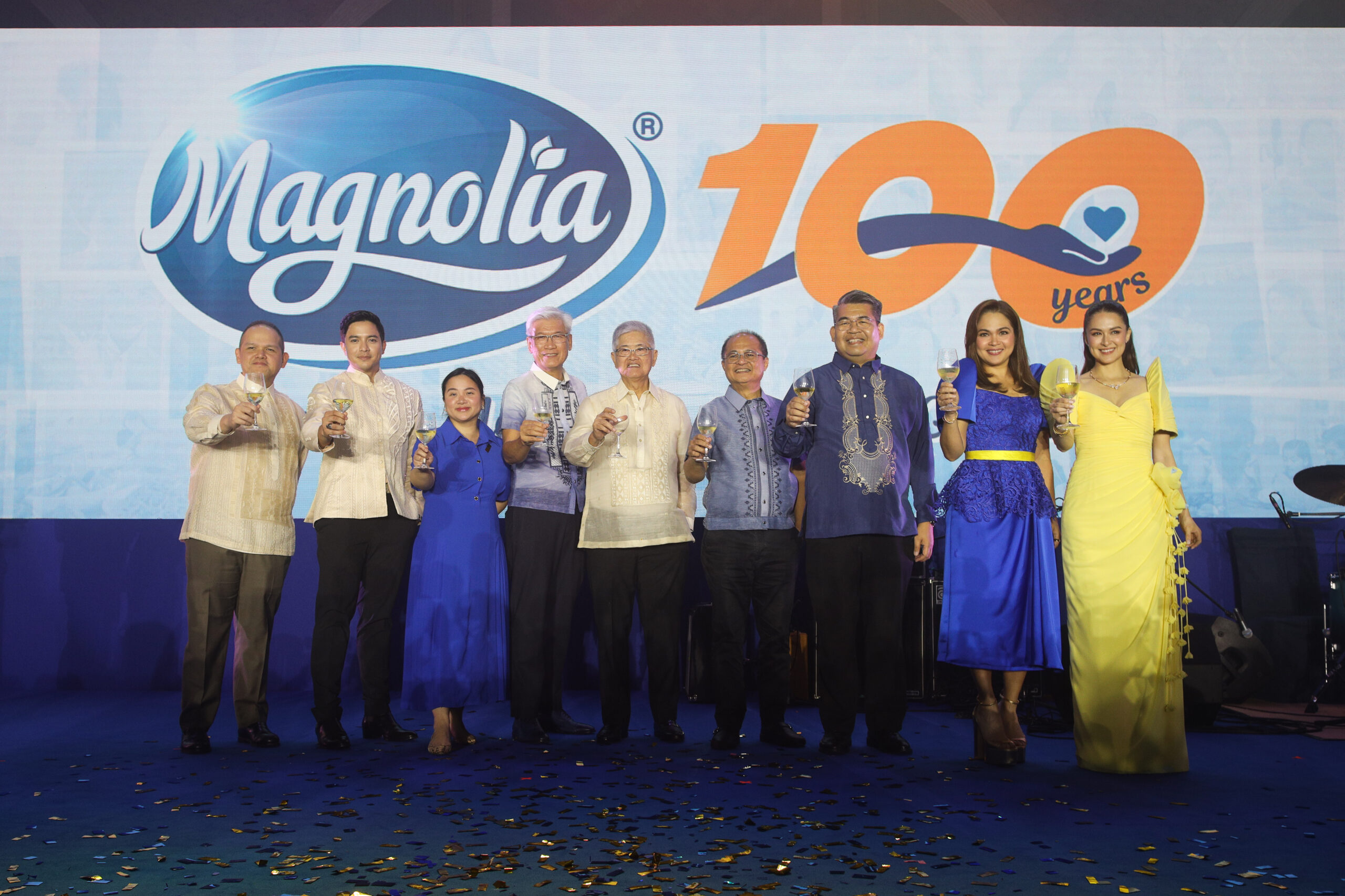John Paul Ang, President and COO of San Miguel Corporation, Alden Richards, Monica Ang-Mercado, Chief Financial Officer of San Miguel Food and Beverage, Dr. Leo Obviar Vice President and General Manager for Magnolia Poultry, Francisco Alejo, former President of San Miguel Foods & current board member, Emmanuel Macalalag, President of San Miguel Foods, Judah Ruiz Vice President and General Manager for Magnolia Dairy & Coffee, Judy Ann Santos-Agoncillo, and Marian Rivera-Dantes. 